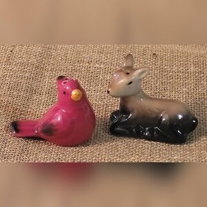 Ceramic Cardinal & Deer Salt & Pepper Shakers ~ Country Woodland Decor ~ Holiday